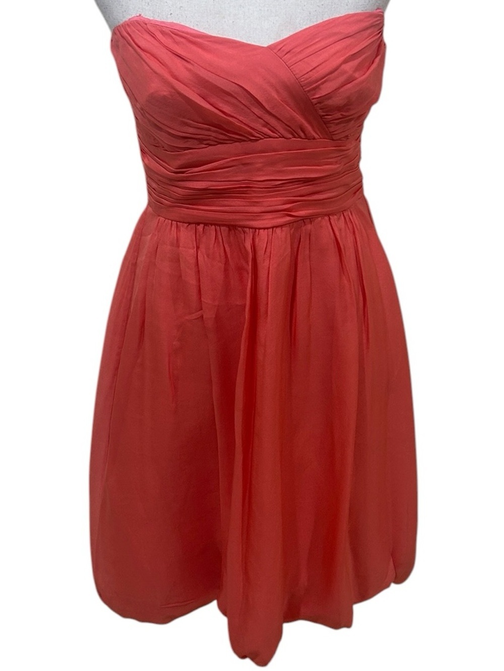 Shoshanna Strapless Coral 100% silk Chiffon Dress ruched bodice tulip hem sz 8